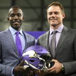
              Minnesota Vikings general manager Kwesi Adofo-Mensah, left, and new head coach Kevin O'Connell, right, pose for a photo before a news conference introducing O'Connell, Thursday, Feb. 17, 2022, in Eagan, Minn. (Aaron Lavinsky/Star Tribune via AP)
            