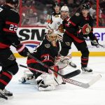 
              Ottawa Senators goaltender Anton Forsberg (31) makes a save  during the first period of an NHL hockey game against the Chicago Blackhawks Saturday, March 12, 2022 in Ottawa, Ontario.(Justin Tang/The Canadian Press via AP)
            