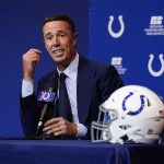 
              Indianapolis Colts quarterback Matt Ryan speaks during a press conference at the NFL team's practice facility in Indianapolis, Tuesday, March 22, 2022. (AP Photo/Michael Conroy)
            
