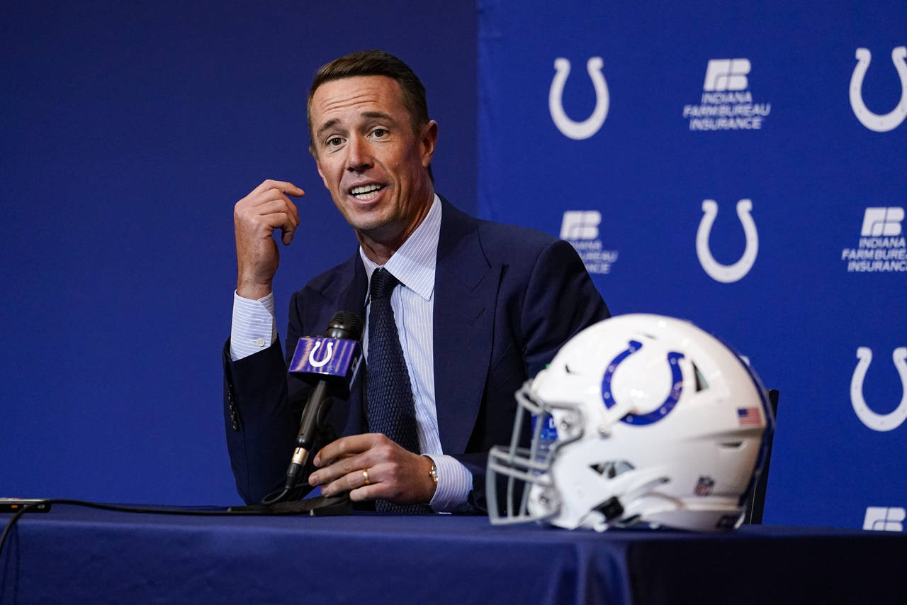 Indianapolis Colts quarterback Matt Ryan speaks during a press conference at the NFL team's practic...