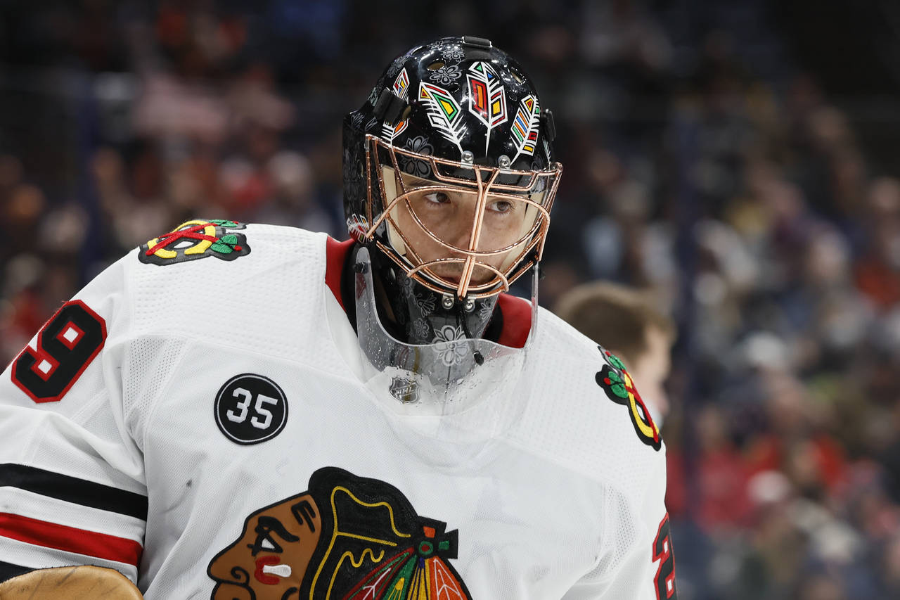 FILE - Chicago Blackhawks' Marc-Andre Fleury plays against the Columbus Blue Jackets during an NHL ...