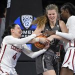 
              Utah forward Kelsey Rees (53) is guarded by Washington State guard Krystal Leger-Walker (4) and center Bella Murekatete (55) during the second half of an NCAA college basketball game in the quarterfinals of the Pac-12 women's tournament Thursday, March 3, 2022, in Las Vegas. (AP Photo/David Becker)
            