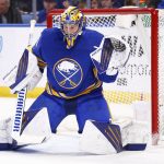 
              Buffalo Sabres goaltender Craig Anderson (41) makes a pad-save during the second period of an NHL hockey game against the Florida Panthers, Monday, March 7, 2022, in Buffalo, N.Y. (AP Photo/Jeffrey T. Barnes)
            