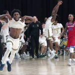 
              UAB guard Jordan Walker celebrates in front of Louisiana Tech guard Cobe Williams (24) after an NCAA college basketball game for the championship of the Conference USA men's tournament in Frisco, Texas, Saturday, March 12, 2022. UAB won 82-73. (AP Photo/LM Otero)
            