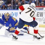 
              Florida Panthers right wing Patric Hornqvist (70) puts the puck past Buffalo Sabres goaltender Craig Anderson (41) during the second period of an NHL hockey game, Monday, March 7, 2022, in Buffalo, N.Y. (AP Photo/Jeffrey T. Barnes)
            