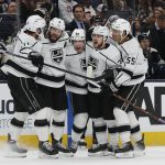 
              Los Angeles Kings players celebrate a goal against the Columbus Blue Jackets during the third period of an NHL hockey game Friday, March 4, 2022, in Columbus, Ohio. (AP Photo/Jay LaPrete)
            