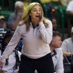 
              Baylor head coach Nicki Collen yells from the sidelines during the second half of a college basketball game against Hawaii in the first round of the NCAA tournament in Waco, Texas, Friday, March 18, 2022. Baylor won 89-49. (AP Photo/LM Otero)
            