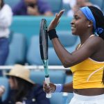 
              Coco Gauff celebrates after beating Wang Qiang of China, 7-5, 6-4, during the Miami Open tennis tournament, Friday, March 25, 2022, in Miami Gardens, Fla. (AP Photo/Wilfredo Lee)
            