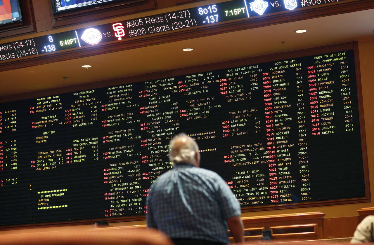 FILE - In this May 14, 2018 file photo, betting odds are displayed on a board in the sports book at...