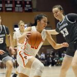 
              Princeton guard Kaitlyn Chen (20) drives against Columbia forward Noa Comesana (33) during the first half of an NCAA Ivy League women's college basketball championship game, Saturday, March 12, 2022, in Cambridge, Mass. (AP Photo/Mary Schwalm)
            