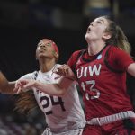
              Incarnate Word forward Chloe Storer (13) and Howard forward Brooklynn Fort-Davis (24) wait for a rebound position during the first half of a First Four game in the NCAA women's college basketball tournament Wednesday, March 16, 2022, in Columbia, S.C. (AP Photo/Sean Rayford)
            