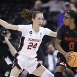 
              Maryland guard Shyanne Sellers (0) tries to get around the defense of Stanford guard Lacie Hull (24) during the first half of a college basketball game in the Sweet 16 round of the NCAA tournament, Friday, March 25, 2022, in Spokane, Wash. (AP Photo/Young Kwak)
            