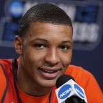 
              Auburn's Jabari Smith (10) speaks during a news conference on Saturday, March 19, 2022, in Greenville, S.C. Auburn will face Miami in a second-round game of the NCAA college basketball tournament on Sunday. (AP Photo/Brynn Anderson)
            