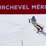 
              United States' Mikaela Shiffrin crosses the finish line of an alpine ski, women's World Cup slalom, in Meribel, France, Saturday, March 19, 2022. (AP Photo/Marco Trovati)
            