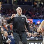 
              St. Bonaventure coach Mark Schmidt calls out to players during the team's NCAA college basketball game against Virginia in the quarterfinals of the NIT, Tuesday, March 22, 2022, in Charlottesville, Va. (Erin Edgerton/The Daily Progress via AP)
            