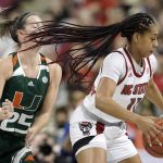 
              Miami guard Karla Erjavec (25) defends as North Carolina State forward Jakia Brown-Turner (11) dribbles during the first half of NCAA college basketball championship game at the Atlantic Coast Conference women's tournament in Greensboro, N.C., Sunday, March 6, 2022. (AP Photo/Gerry Broome)
            