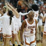 
              Texas guard Aliyah Matharu (2) and teammates celebrate their win over Utah in a college basketball game in the second round of the NCAA women's tournament, Sunday, March 20, 2022, in Austin, Texas. (AP Photo/Eric Gay)
            