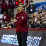 
              Indiana head coach Teri Moren watches from the sideline in the second half of a college basketball game against Princeton in the second round of the NCAA tournament in Bloomington, Ind., Monday, March 21, 2022. Indiana defeated Princeton 56-55. (AP Photo/Michael Conroy)
            