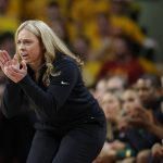 
              Baylor coach Nicki Collen encourages the team during the second half of an NCAA college basketball game against Iowa State, Monday, Feb. 28, 2022, in Ames, Iowa. (AP Photo/Matthew Putney)
            