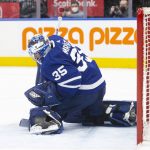 
              Toronto Maple Leafs goaltender Petr Mrazek gets down to make a save against the Florida Panthers during third-period NHL hockey game action in Toronto, Sunday, March 27, 2022. (Chris Young/The Canadian Press via AP)
            