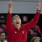 
              North Carolina State head coach Wes Moore reacts to a call during the first half of a college basketball game against Kansas State in the second round of the NCAA tournament in Raleigh, N.C., Monday, March 21, 2022. (AP Photo/Ben McKeown)
            