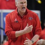 
              San Diego State coach Brian Dutcher reacts during the first half of the team's NCAA college basketball game against Colorado State in the semifinals of Mountain West Conference men's tournament Friday, March 11, 2022, in Las Vegas. (AP Photo/Rick Bowmer)
            