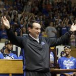 
              Duke coach Mike Krzyzewski recognizes the crowd during a homecoming celebration for the national championship Duke basketball team at Cameron Indoor Stadium, April 7, 2015 in Durham, N.C. This year's Final Four is either unprecedented or pretty close. In one corner, North Carolina is making a record 21st appearance in the Final Four. Its semifinal opponent, Duke, is waiting with the sport's winningest coach. Mike Krzyzewski surpassed 1,200 victories during this postseason run. (AP Photo/Gerry Broome)
            