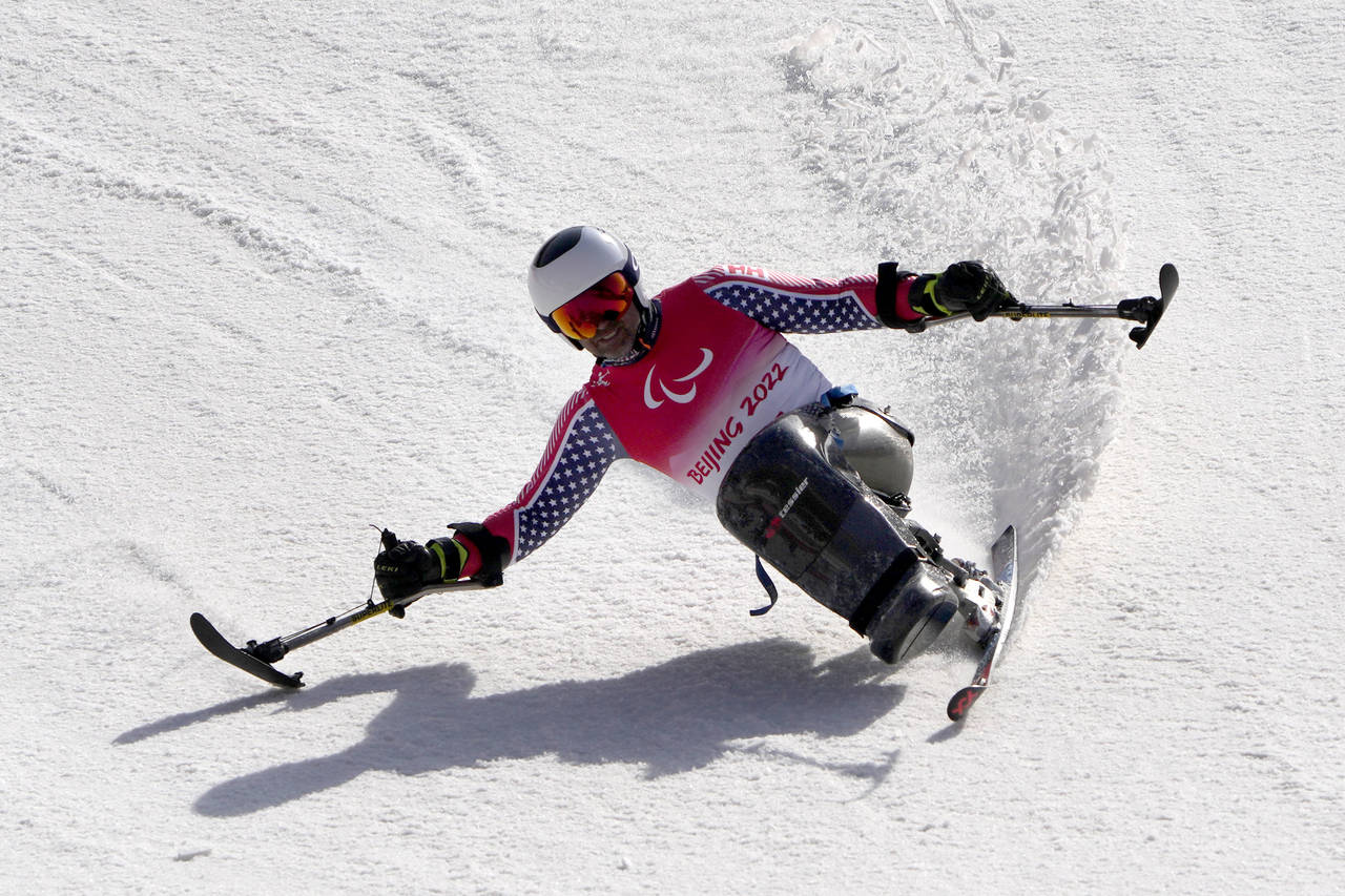 Jasmin Bambur of the United States competes in the men's giant slalom, sitting event at the 2022 Wi...