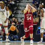 
              Indiana forward Mackenzie Holmes (54) reacts during the second quarter of a college basketball game against Connecticut in the Sweet Sixteen round of the NCAA women's tournament, Saturday, March 26, 2022, in Bridgeport, Conn. (AP Photo/Frank Franklin II)
            