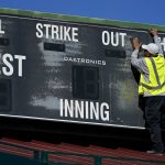 
              A San Francisco Giants' grounds keeper prepares the scoreboard at Scottsdale Stadium, Saturday, March 12, 2022, in Scottsdale, Ariz. in preparation for the upcoming first day of baseball workouts. (AP Photo/Matt York)
            