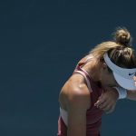 
              Paula Badosa of Spain reacts during her quarterfinal match against Jessica Pegula of the U.S., at the Miami Open tennis tournament, Wednesday, March 30, 2022, in Miami Gardens, Fla. (AP Photo/Rebecca Blackwell)
            