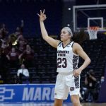 
              Missouri State guard Mya Bhinhar (23) celebrates a 3-pointer during the first half of a First Four game against Florida State in the NCAA women's college basketball tournament Thursday, March 17, 2022, in Baton Rouge, La. (AP Photo/Matthew Hinton)
            