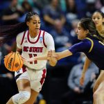 
              North Carolina State forward Jakia Brown-Turner (11) drives against Notre Dame guard Sonia Citron (11) during the first quarter of a college basketball game in the Sweet Sixteen round of the NCAA women's tournament, Saturday, March 26, 2022, in Bridgeport, Conn. (AP Photo/Frank Franklin II)
            