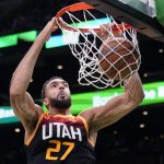 
              Utah Jazz center Rudy Gobert dunks during the first half of the team's NBA basketball game against the Boston Celtics, Wednesday, March 23, 2022, in Boston. (AP Photo/Charles Krupa)
            