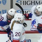 
              United States' Hannah Brandt (20) celebrates scoring against Canada during the second period of a women's exhibition hockey game billed as the "Rivalry Rematch", Saturday, March 12, 2022, in Pittsburgh. (AP Photo/Keith Srakocic)
            