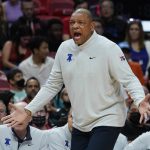 
              Philadelphia 76ers head coach Doc Rivers reacts to a call during the first half of an NBA basketball game against the Miami Heat, Saturday, March 5, 2022, in Miami. (AP Photo/Marta Lavandier)
            
