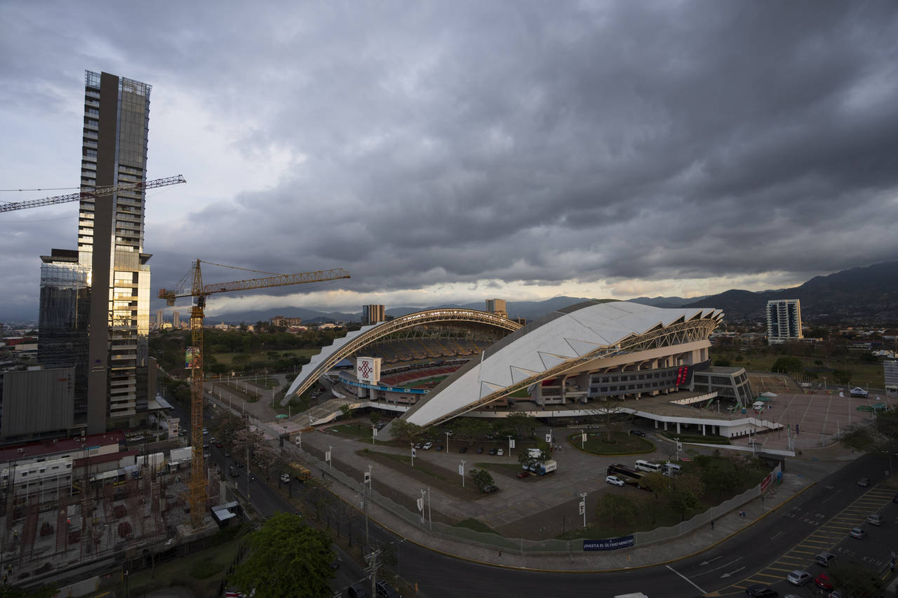 View of the National stadium at sunset ahead of a qualifying soccer match for the FIFA World Cup Qa...