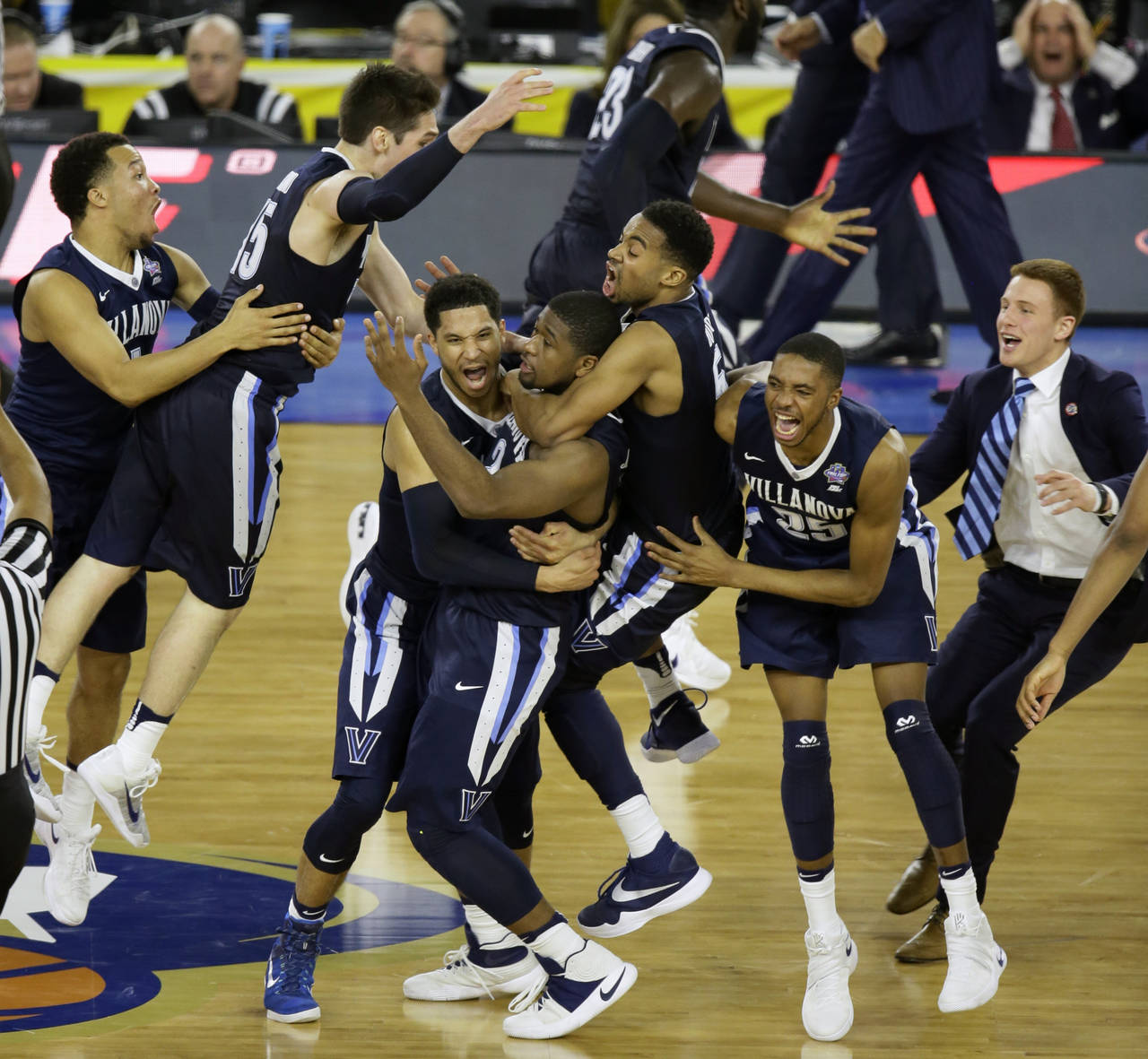 FILE - In this April 4, 2016, file photo, Villanova players celebrate in the closing seconds of the...