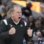 
              Michigan State coach Tom Izzo shouts during the second half of the team's NCAA college basketball game against Wisconsin at the Big Ten Conference men's tournament Friday, March 11, 2022, in Indianapolis. (AP Photo/Darron Cummings)
            