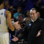 
              Duke head coach Mike Krzyzewski celebrates after their win against Michigan State with forward Wendell Moore Jr. during the second half of a college basketball game in the second round of the NCAA tournament on Sunday, March 20, 2022, in Greenville, S.C. (AP Photo/Chris Carlson)
            