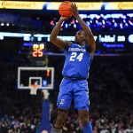 
              Creighton's Arthur Kaluma (24) shoots during the second half of an NCAA college basketball game against the Villanova in the final of the Big East conference tournament Saturday, March 12, 2022, in New York. (AP Photo/Frank Franklin II)
            