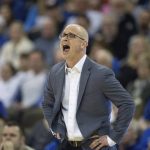 
              Connecticut coach Dan Hurley yells from the sideline during the first half of the team's NCAA college basketball game against Creighton on Wednesday, March 2, 2022, in Omaha, Neb. (AP Photo/Rebecca S. Gratz)
            