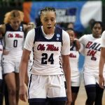 
              Mississippi forward Madison Scott (24) walks off the court with her teammates after the 75-61 loss to South Dakota in a college basketball game in the first round of the NCAA tournament in Waco, Texas, Friday, March 18, 2022. (AP Photo/LM Otero)
            