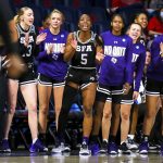 
              Stephen F. Austin players on the bench celebrate a teammate's shot against North Carolina during a first-round game in the NCAA women's college basketball tournament Saturday, March 19, 2022, in Tucson, Ariz. (Rebecca Sasnett/Arizona Daily Star via AP)
            