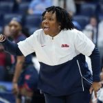 
              Mississippi head coach Yolett McPhee-McCuin yells to her players in the first half of an NCAA college basketball semifinal round game against South Carolina at the women's Southeastern Conference tournament Saturday, March 5, 2022, in Nashville, Tenn. (AP Photo/Mark Humphrey)
            