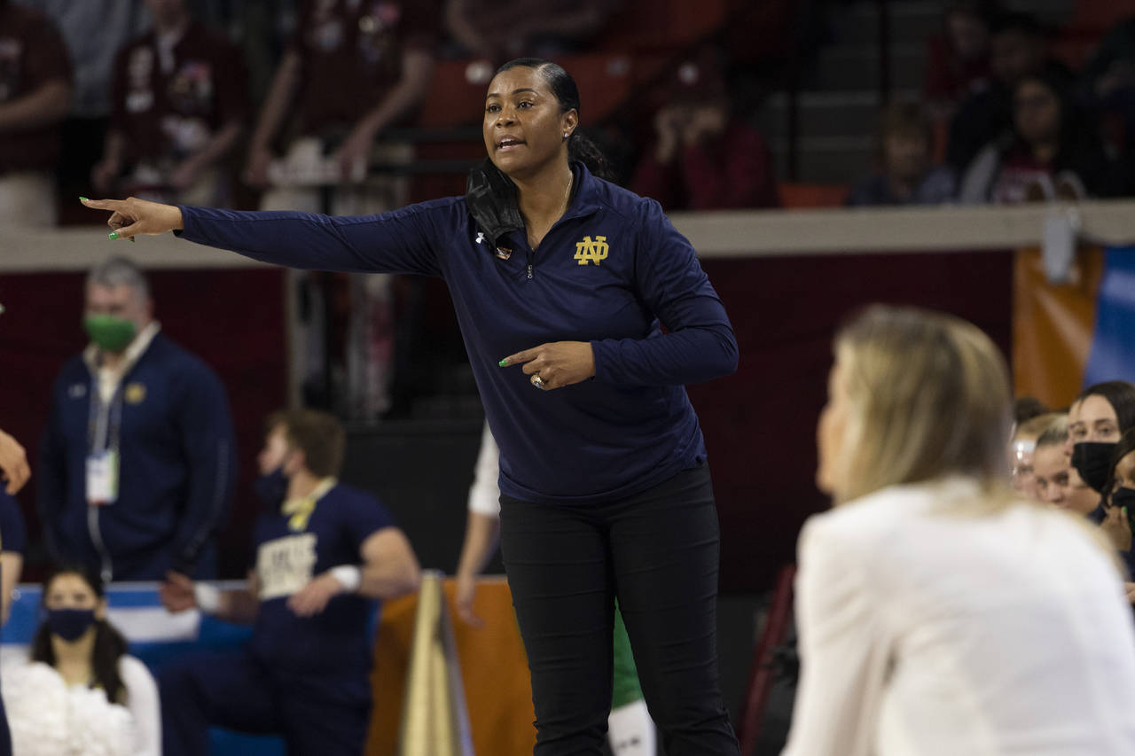 Notre Dame head coach Niele Ivey stands on the sideline in the second half of a second-round game a...