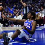 
              Philadelphia 76ers' Tyrese Maxey reacts after a foul during the second half of an NBA basketball game against the Cleveland Cavaliers, Friday, March 4, 2022, in Philadelphia. (AP Photo/Matt Slocum)
            