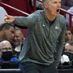 
              Golden State Warriors head coach Steve Kerr gestures during the first half of an NBA basketball game against the Miami Heat, Wednesday, March 23, 2022, in Miami. (AP Photo/Marta Lavandier)
            
