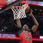 
              Chicago Bulls forward Javonte Green dunks the ball during the first half of an NBA basketball game against the Washington Wizards, Tuesday, March 29, 2022, in Washington. (AP Photo/Alex Brandon)
            