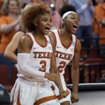 
              Texas guards Rori Harmon (3) and Aliyah Matharu (2) celebrate their win over Utah in a college basketball game in the second round of the NCAA women's tournament, Sunday, March 20, 2022, in Austin, Texas. (AP Photo/Eric Gay)
            